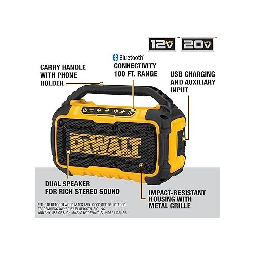  DEWALT 20V MAX Bluetooth Speaker, 100 ft Range, Durable for Jobsites, Phone Holder Included, Lasts 8-10 Hours with Single Charge (DCR010)