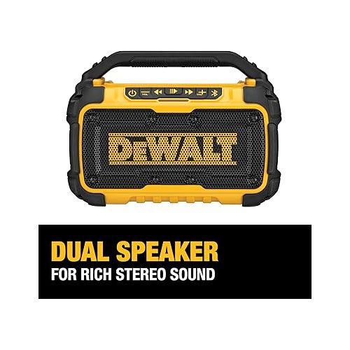  DEWALT 20V MAX Bluetooth Speaker, 100 ft Range, Durable for Jobsites, Phone Holder Included, Lasts 8-10 Hours with Single Charge (DCR010)