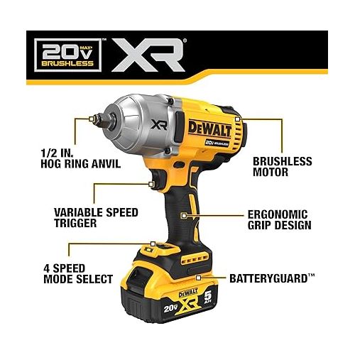  DEWALT 20V MAX XR 1/2 in. High Torque Impact Wrench with Hog Ring Anvil Kit (DCF900P2)