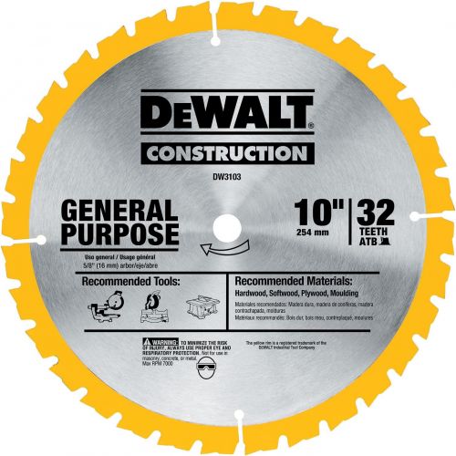  DEWALT DW3103 Series 20 10-Inch 32 Tooth ATB Thin Kerf General Purpose Saw Blade with 5/8-Inch Arbor