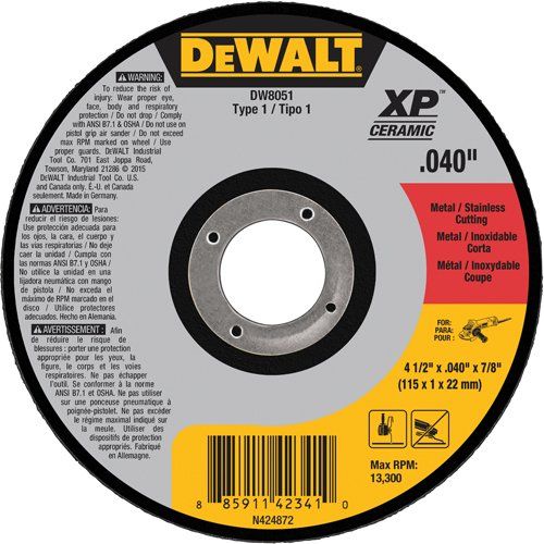  DEWALT DW8051 Type 1 Metal/Stainless Steel Cutting Wheel, 4-1/2 x 0.04 x 7/8