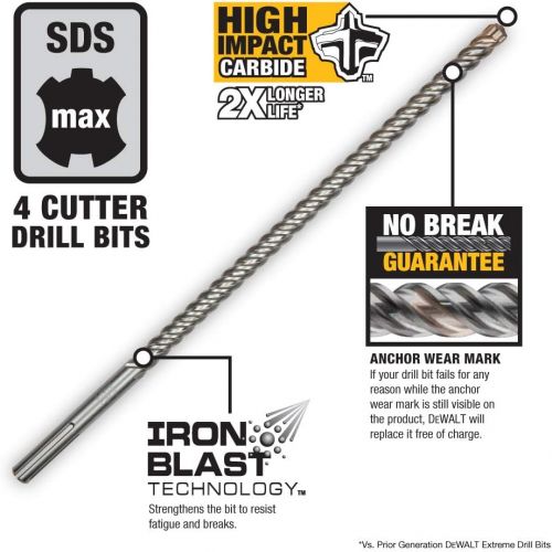  DEWALT SDS Max Bit for Rotary Hammer, 1-1/8-Inch x 10-Inch x 15-Inch, 4-Cutter (DW5821)