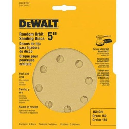  DEWALT DW4304 5-Inch 8 Hole 150 Grit Hook and Loop Random Orbit Sandpaper (5-Pack)