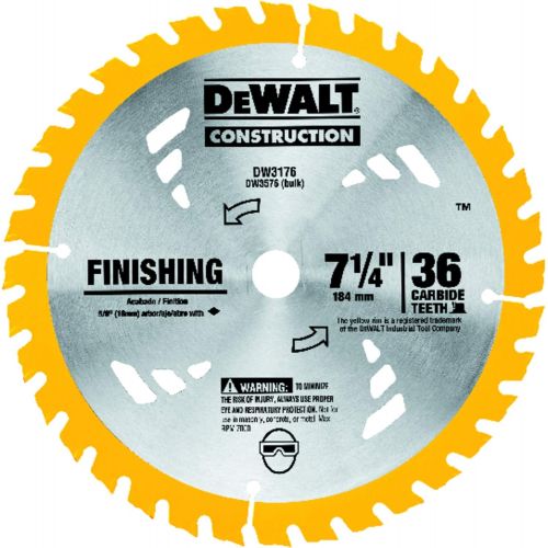  DEWALT DW3176 Construction Series 7-1/4-Inch 36-Tooth Thin Kerf Finishing Saw Blade with 5/8-Inch Diamond Knockout Arbor