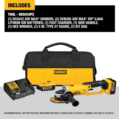  DEWALT 20V MAX Angle Grinder Tool Kit, 4-1/2-Inch (DCG412P2), Metallic