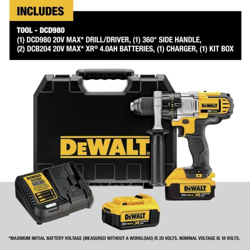  DEWALT 20V MAX Drill/Driver, 3-Speed, Premium 4.0Ah Kit (DCD980M2)