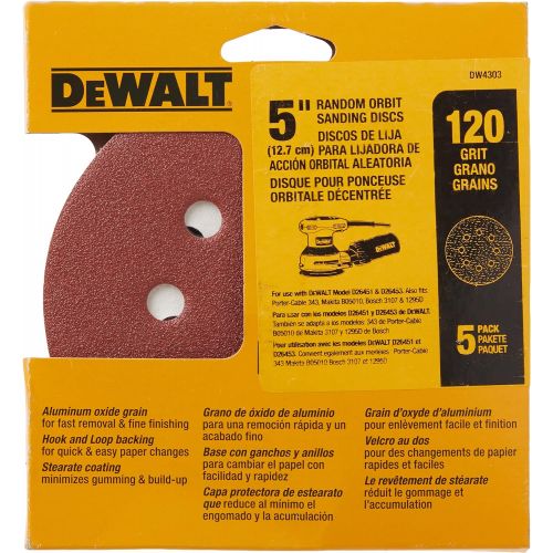  DEWALT DW4303 5-Inch 8-Hole 120-Grit Hook-and-Loop Random Orbit Sandpaper (5-Pack)