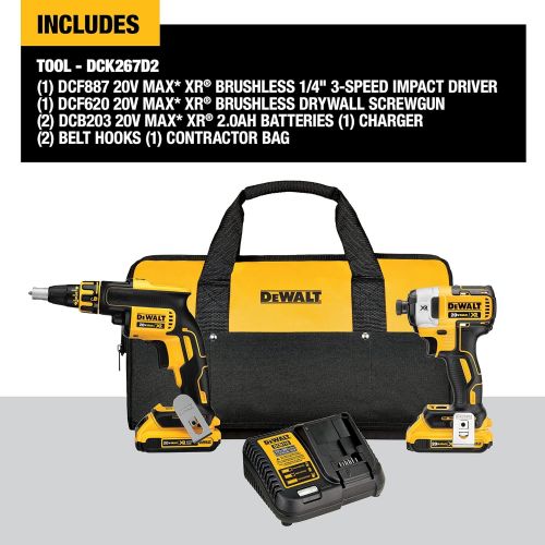  DEWALT 20V MAX XR Drywall Screw Gun & Impact Driver Kit, 2.0-Amp Hour (DCK267D2)