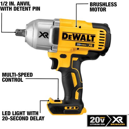  DEWALT 20V MAX XR Impact Wrench Kit, Brushless, High Torque, Detent Anvil, 1/2-Inch (DCF899P1)