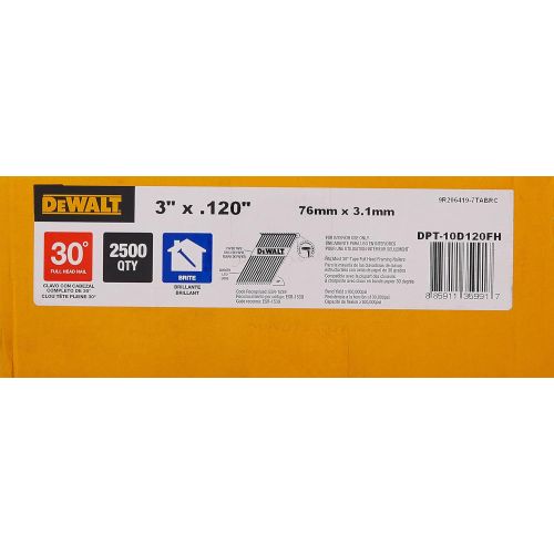  DEWALT Framing Nails, Paper Tape, 30-Degree, Smooth Shank, Bright Finish, Off-Set Round Head, 3-Inch x .120-Inch, 2500-Pack (DPT-10D120FH)