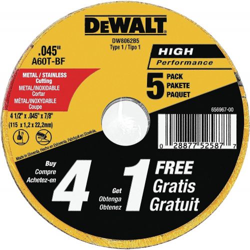  DEWALT Cutting Wheel, General Purpose Metal Cutting, 4-1/2-Inch, 5-Pack (DW8062B5)