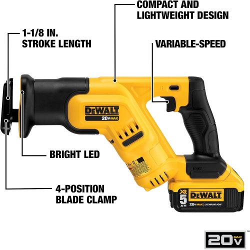  DEWALT 20V MAX Cordless Reciprocating Saw Kit, 5 Amp-Hour Battery (DCS387P1)