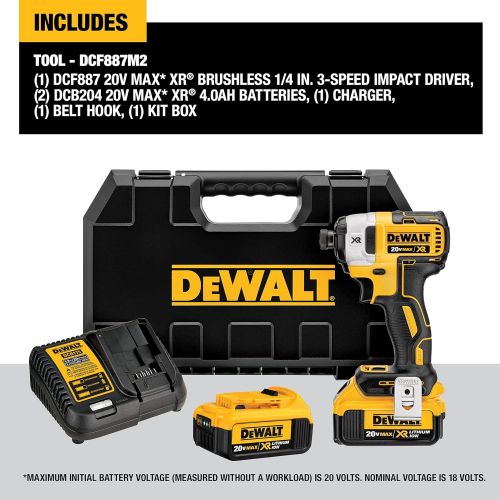  DEWALT 20V MAX XR Impact Driver Kit, Brushless, 3-Speed, 1/4-Inch, 4.0-Ah (DCF887M2)