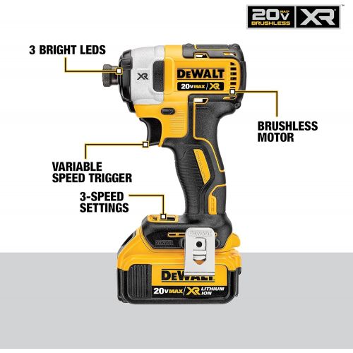  DEWALT 20V MAX XR Impact Driver Kit, Brushless, 3-Speed, 1/4-Inch, 4.0-Ah (DCF887M2)