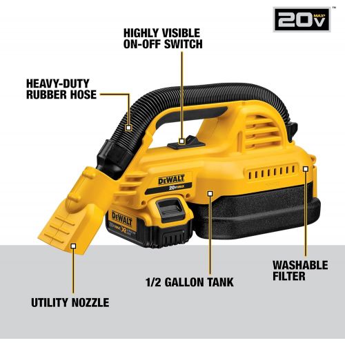  DEWALT 20V MAX Cordless Vacuum Kit, Wet/Dry, Portable, 1/2-Gallon (DCV517M1)
