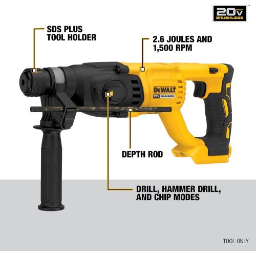  DEWALT 20V MAX XR Rotary Hammer Drill, D-Handle, 1-Inch, Tool Only (DCH133B)