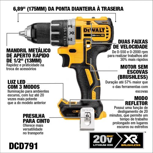  DEWALT 20V MAX XR Brushless Drill/Driver, Compact - Bare Tool (DCD791B)