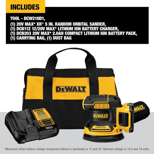  DEWALT 20V MAX Random Orbit Sander, 5-Inch, Cordless Kit (DCW210D1)