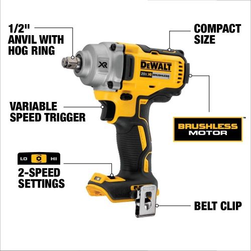  DEWALT 20V MAX XR Cordless Impact Wrench with Hog Ring Anvil, 1/2-Inch, Tool Only (DCF894HB)