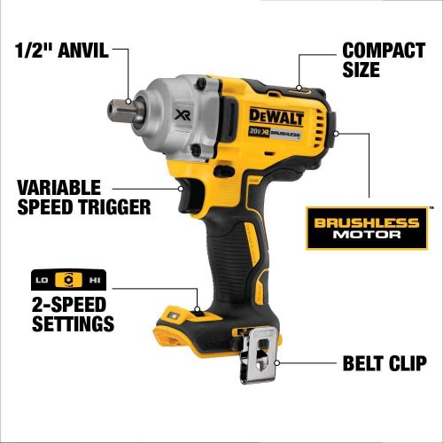  DEWALT 20V MAX XR Cordless Impact Wrench Kit with Detent Pin Anvil, 1/2-Inch, Tool Only (DCF894B)