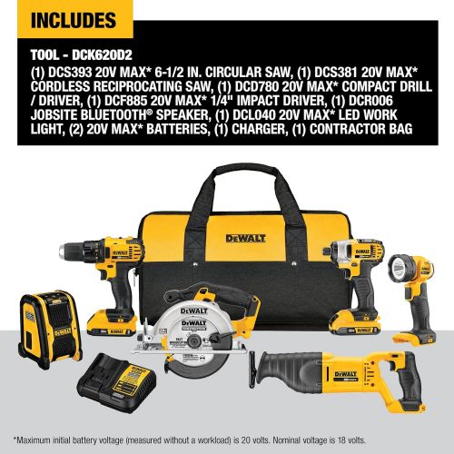  DEWALT 20V MAX Combo Kit, Compact 6-Tool (DCK620D2)