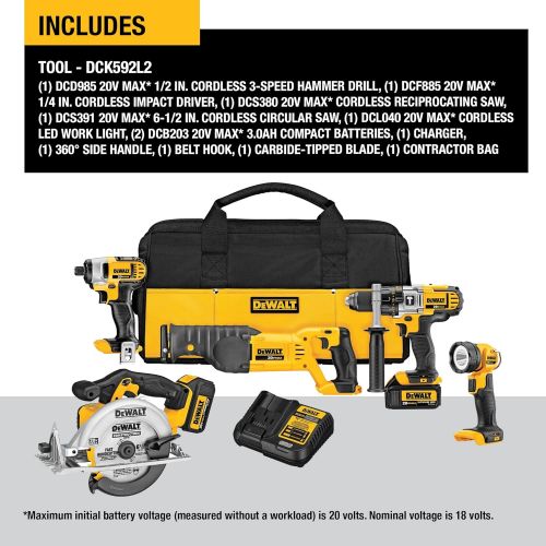  DEWALT 20V MAX Cordless Drill Combo Kit, 5-Tool (DCK592L2)