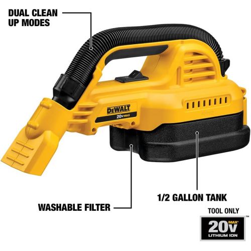  DEWALT 20V MAX Cordless Vacuum Kit, Wet/Dry, Portable, 1/2-Gallon, Tool Only (DCV517B)