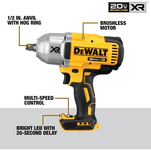  DEWALT (DCF899HB) 20V MAX XR Impact Wrench Kit, Brushless, High Torque, Hog Ring Anvil, 1/2-Inch, Tool Only