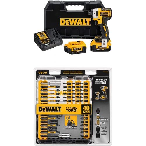  DEWALT DCF887M2 20V MAX XR Li-Ion 4.0 Ah Brushless 0.25 3-Speed Impact Driver Kit with DEWALT DWA2T40IR IMPACT READY FlexTorq Screw Driving Set, 40-Piece