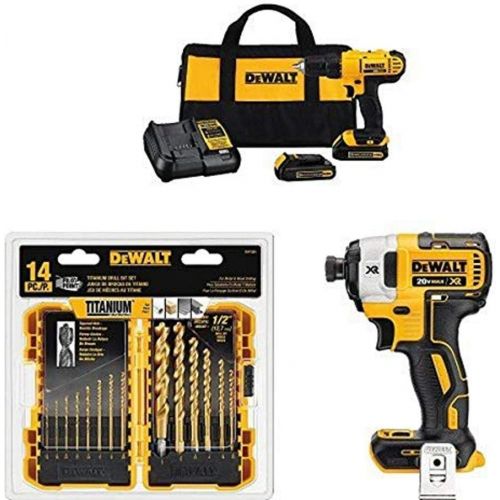  Dewalt DCD771C2 20V MAX Cordless Lithium-Ion 1/2 inch Compact Drill Driver Kit with 20V MAX XR Li-Ion Brushless 0.25 3-Speed Impact Driver and 14-Piece Titanium Drill Bit Set