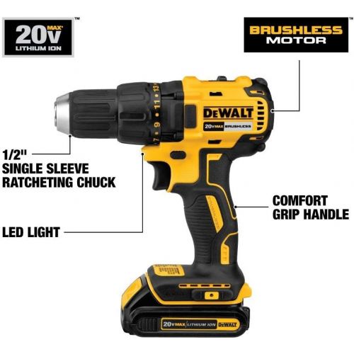  DEWALT DCD777C2 20-Volt MAX Lithium-Ion Cordless Brushless Compact Drill Driver with (2) Batteries 1.3Ah, Charger and Bag (Non-Retail Packaging)