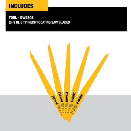  DEWALT Reciprocating Saw Blades, Tapered Back, Bi-Metal, 9-Inch 6-TPI, 5-Pack (DW4803)