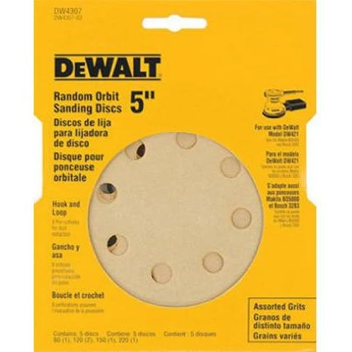  DEWALT DW4307 5-Inch 8 Hole Assortment Hook and Loop Random Orbit Sandpaper (5-Pack)