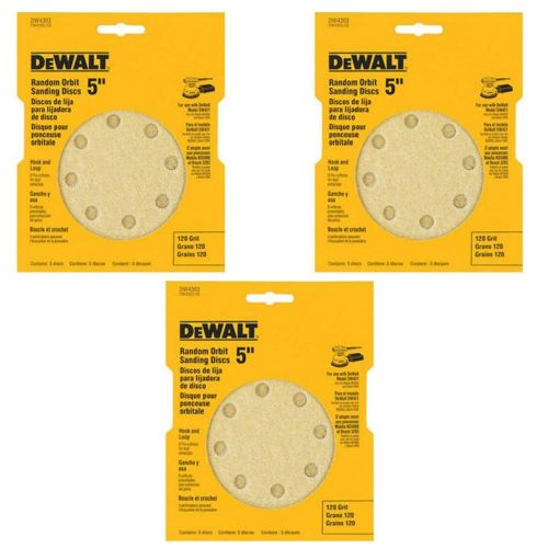  DEWALT DW4303 5-Inch 8-Hole 120-Grit Hook-and-Loop Random Orbit Sandpaper (5/Pack), 3 Pack