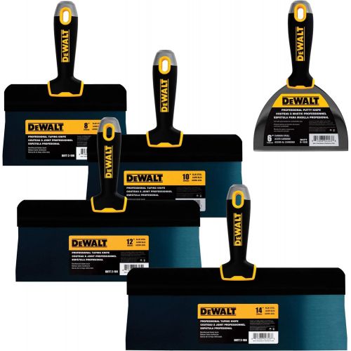  DEWALT Blue Steel Big Back Taping Knife 4-Pack + FREE BONUS 6 Soft Grip Putty Knife | 8/10/12/14-Inches | Soft Grip Handles | DXTT-3-161