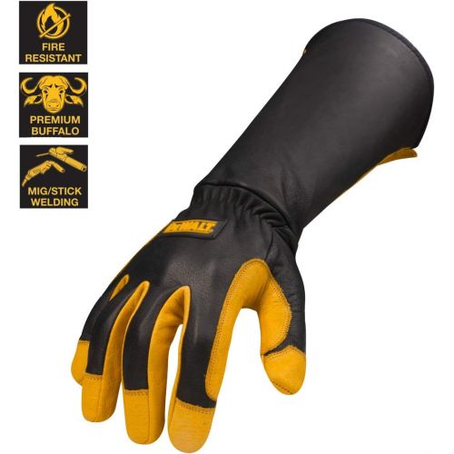  Dewalt Premium Leather Welding Gloves, Fire/Heat Resistant, Gauntlet-Style Cuff, Elastic Wrist, Large