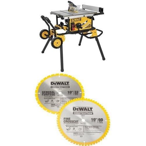  DEWALT DWE7491RS 10-Inch Jobsite Table Saw with 32-1/2-Inch Rip Capacity and Rolling Stand w/ DW3106P5 60-Tooth Crosscutting and 32-Tooth General Purpose 10-Inch Saw Blade Combo Pa