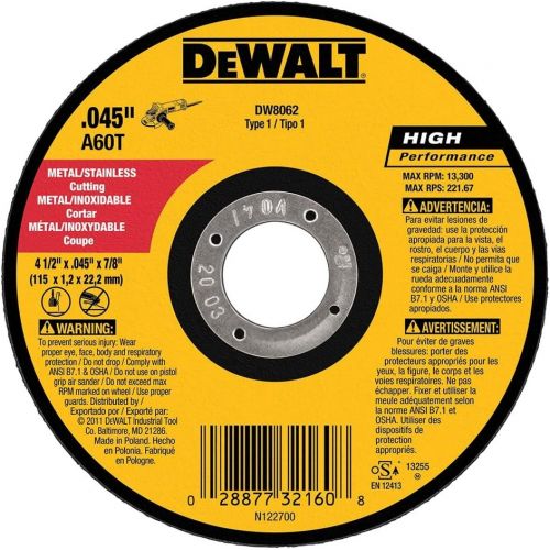  DEWALT - DW8062 - 10,PK DW8062 4-1/2x.045x7/8 Metal Angle Grinder Thin Cutoff Wheel, 10 Pack, (Model: DW8062-10,PK)