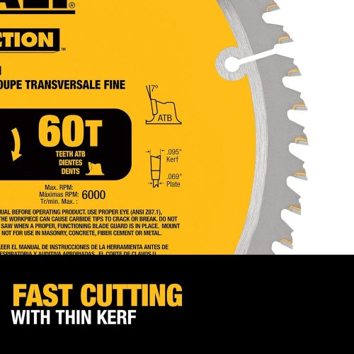  DEWALT 10-Inch Miter / Table Saw Blade, ATB, Thin Kerf, Crosscutting, 5/8-Inch Arbor, 60-Tooth (DW3106)