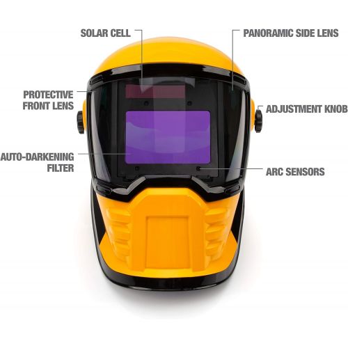  DEWALT Wide View Auto-Darkening Welding Helmet, Three Darkening Modes, 4 Lightning Fast Arc Sensors, Side Lenses for Panoramic Viewing, Adjustable Lightening Delay, Shade Control