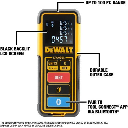  DEWALT Laser Measure Tool/Distance Meter, 100-Feet with Bluetooth (DW099S)