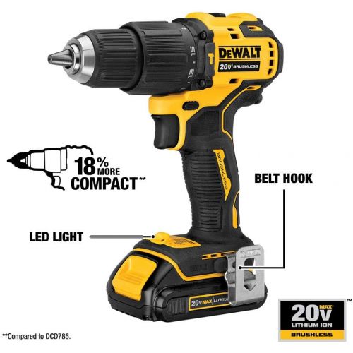  DEWALT DCD709C2 Atomic 20V Max Lithium-Ion Brushless Cordless Compact 1/2 in. Hammer Drill Kit W/ 2 Batteries