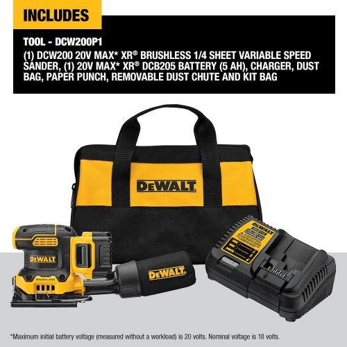  DEWALT 20V MAX XR Palm Sander, Sheet, Variable Speed, 5-Ah Battery, 1/4-Inch (DCW200P1)