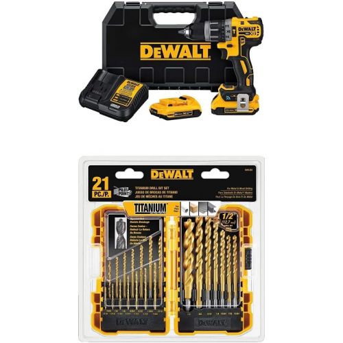  DEWALT DCD797D2 20V Max XR Tool Connect COMPACT Hammerdrill Kit with DEWALT DW1361 Titanium Pilot Point Drill Bit Set, 21-Piece