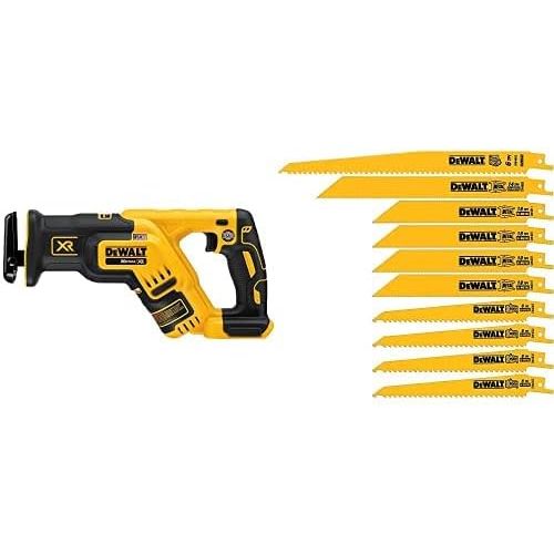  DEWALT DCS367B 20V Max XR Brushless Compact Reciprocating Saw, (Tool Only), with DEWALT DW4898 Bi-Metal Reciprocating Saw Blade Set with Case, 10-Piece