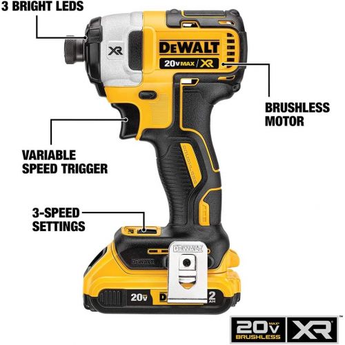  DEWALT 20V MAX XR Impact Driver Kit, Brushless, 3-Speed, 1/4-Inch, 2.0-Ah (DCF887D2)