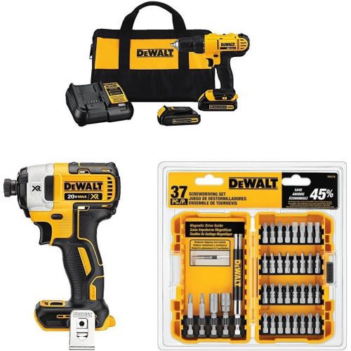  Dewalt DCD771C2 20V MAX Cordless Lithium-Ion 1/2 inch Compact Drill Driver Kit + Speed Impact Driver + Piece Screwdriving Set