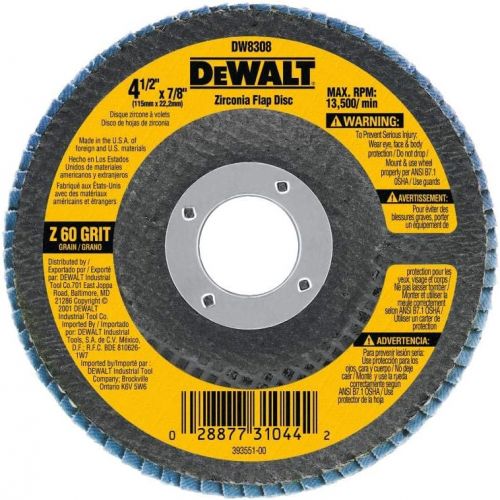  DEWALT Flap Disc, Zirconia, 4-1/2-Inches x 7/8-Inches, 60-Grit (DW8308)