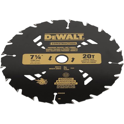  DEWALT 7-1/4 Circular Saw Blade for Pressure Treated and Wet Lumber, ATB, Thin Kerf, 5/8 and Diamond Knockout Arbor, 20-Tooth (DW3174) , Black