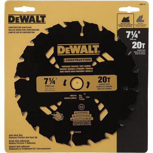  DEWALT 7-1/4 Circular Saw Blade for Pressure Treated and Wet Lumber, ATB, Thin Kerf, 5/8 and Diamond Knockout Arbor, 20-Tooth (DW3174) , Black